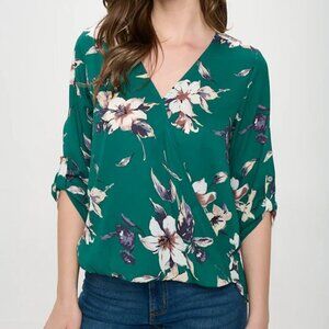 West Kei Size S Green Floral Alexa Surplice Roll Tab Blouse, Exc. Used Cond.
